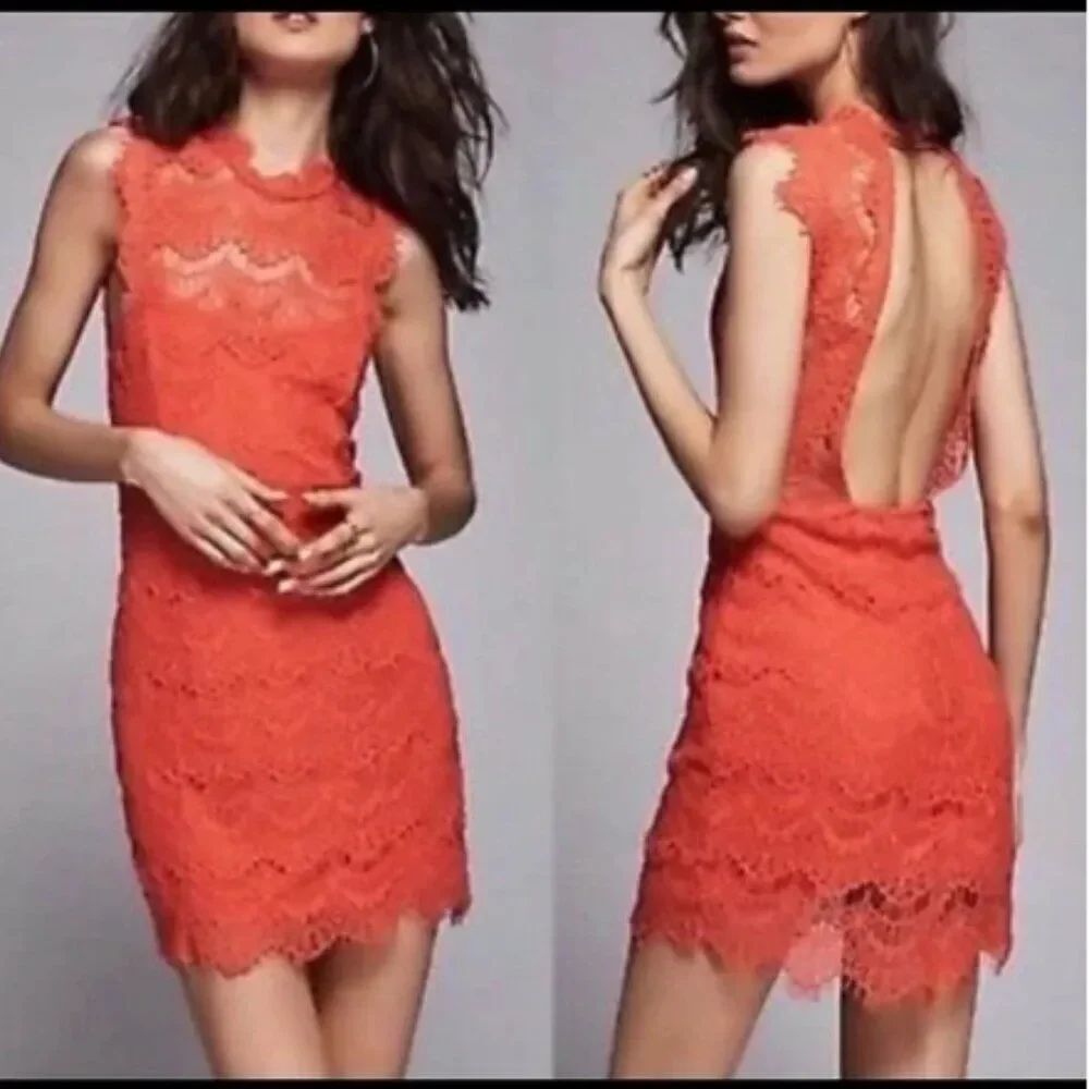 Free People Daydream Lace Open Back Sexy Coral Red Romantic Boho Dress in S